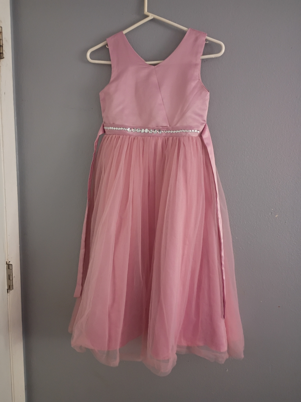 Pleated Pink Tulle Formal Dress for Girls with Rhinestone Waistband